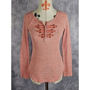 Free People We The Free Womens S Tee Top Pink Long Slv Stretch Shabby Waffle EUC